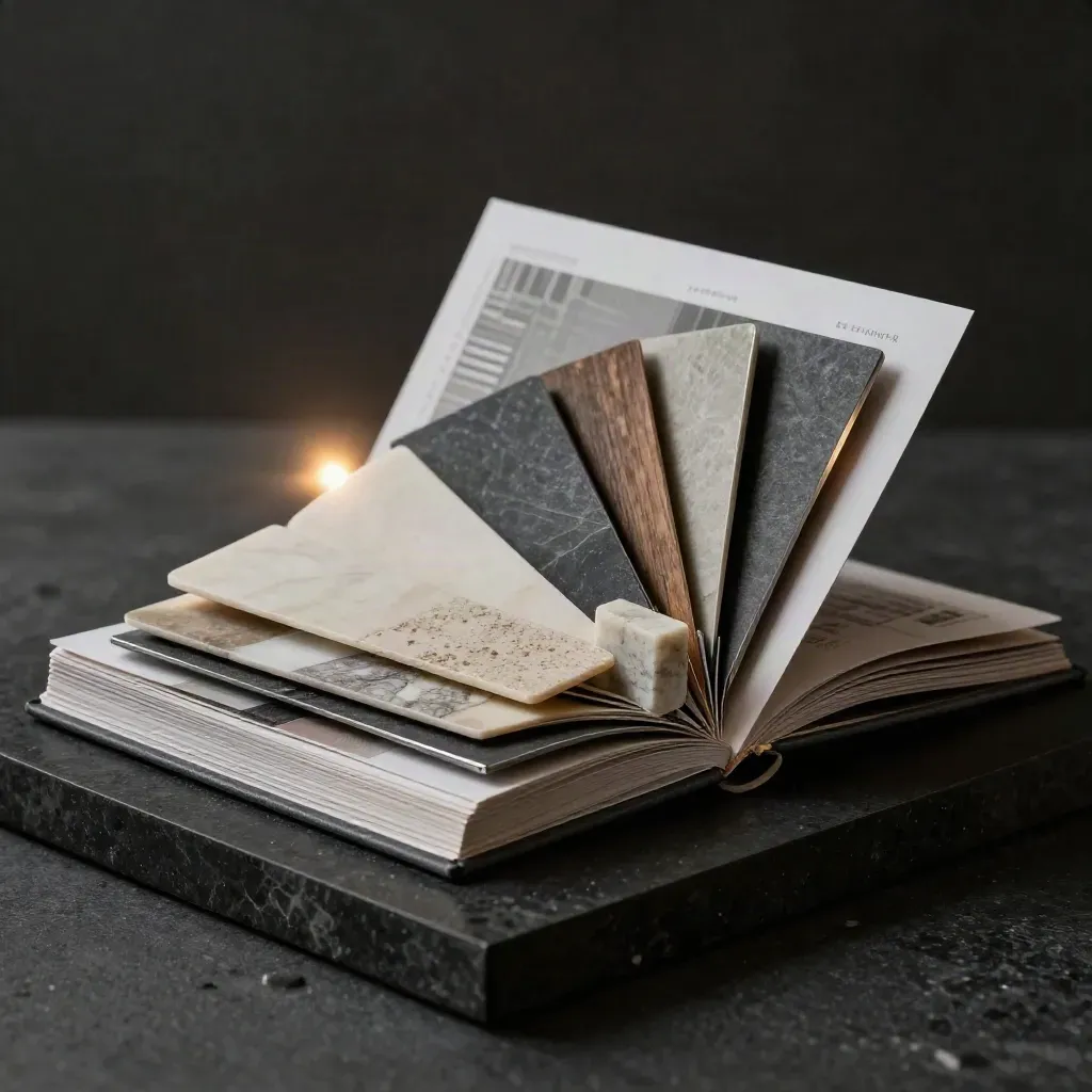 Open luxury staging plan folio with room chips, swatch fan, and stone cube on black basalt.