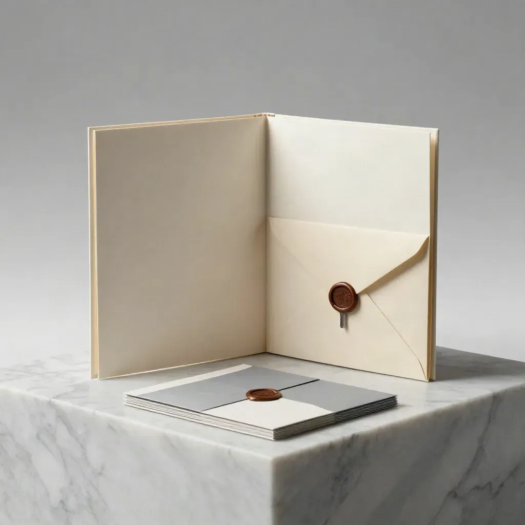 Open-house planning folio with key sleeve, envelope and folded cards on marble plinth, softly lit.