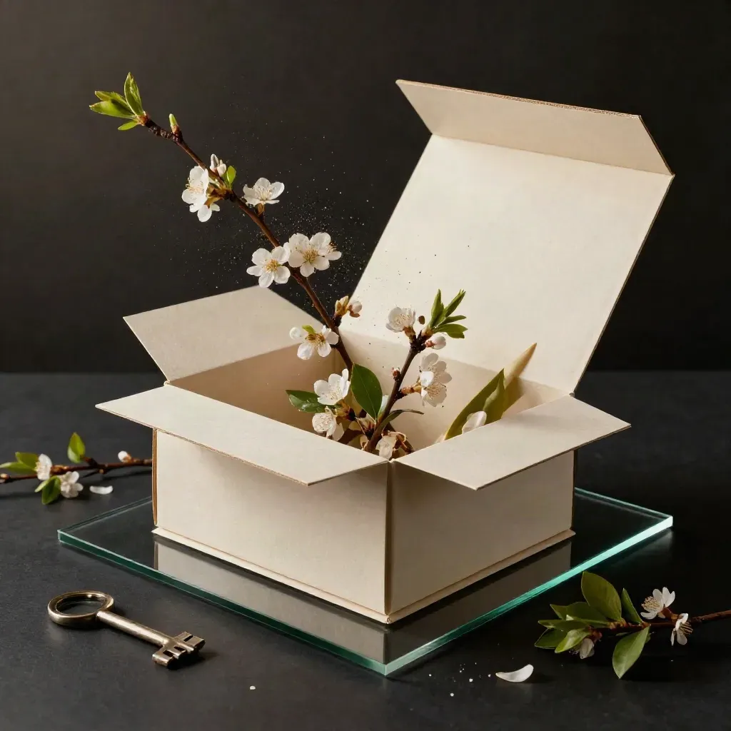 Spring seller bundle box bursting open with branches, paper layers, petals, and a glass tray.
