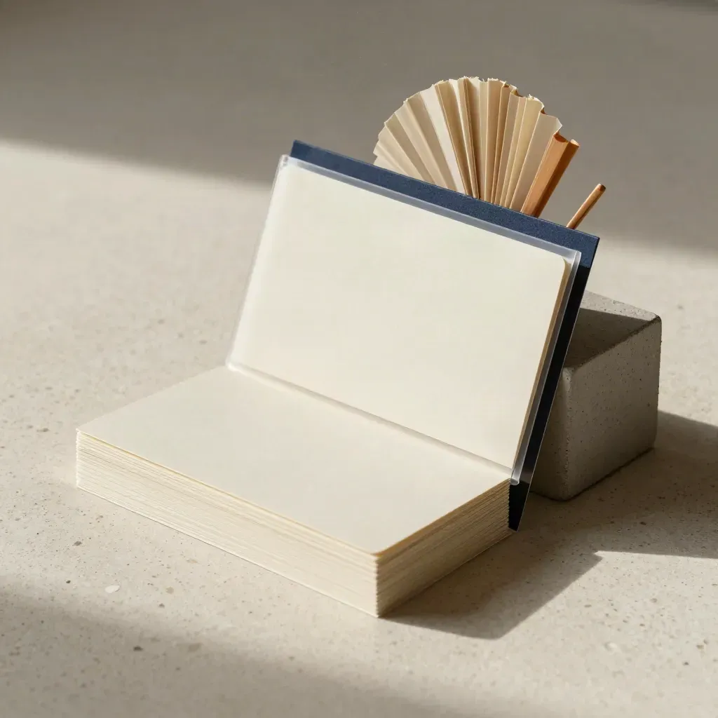 Overhead condo pricing folio with cards, sleeve, and concrete block on pale stone.