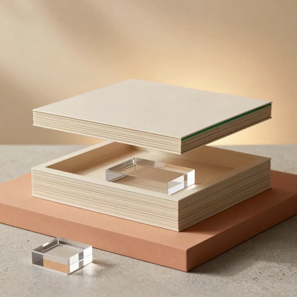 Luxury photo pack box with hovering lid, acrylic block, and layered sleeves on a terracotta plinth