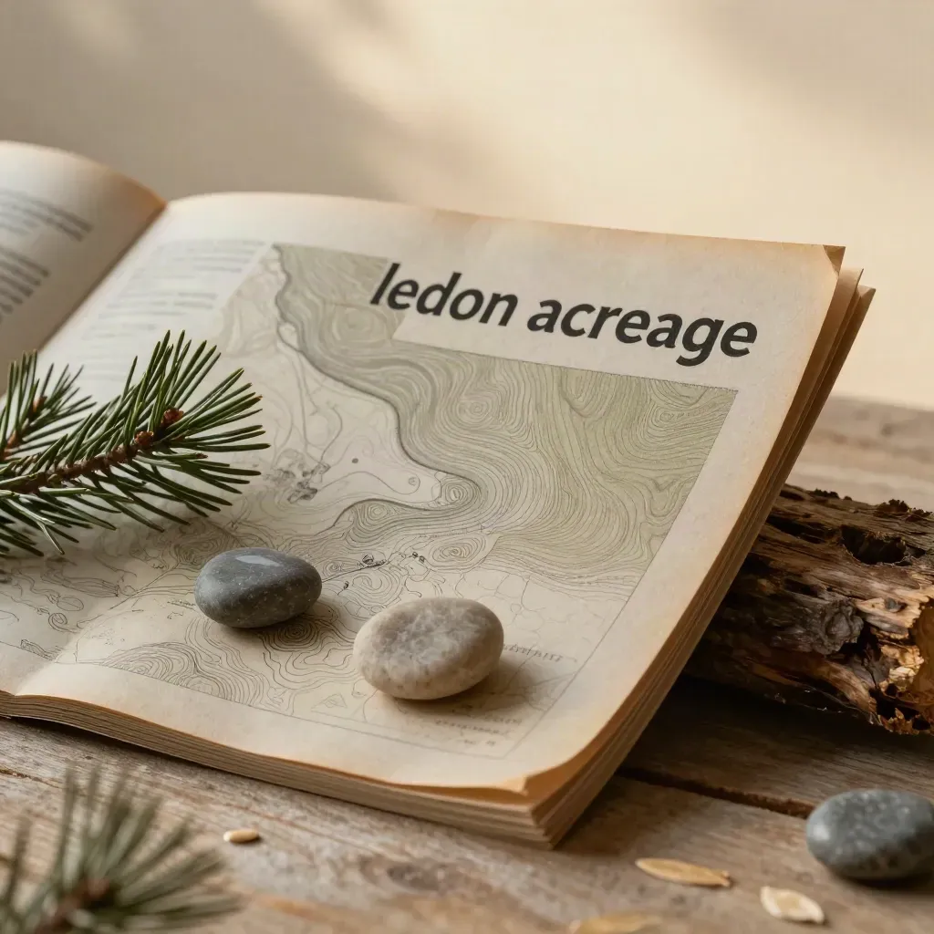 Close-up acreage report folio against rough timber with pine sprig and stone weights
