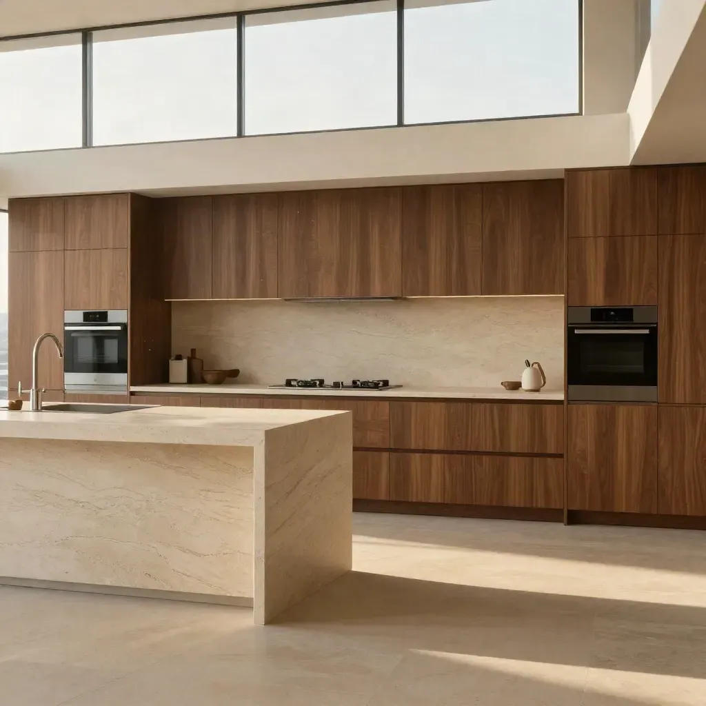 Penthouse kitchen with stone island, tall windows, soft skyline, warm morning light.